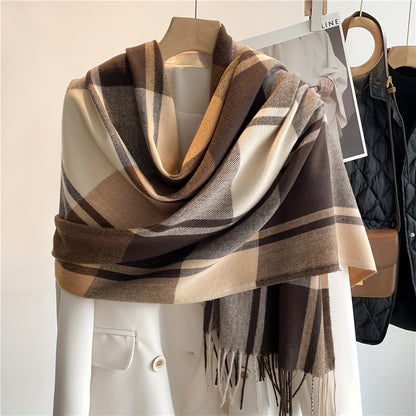 Aurora Wool-Blend Oversized Scarf | Check Fringed Scarf