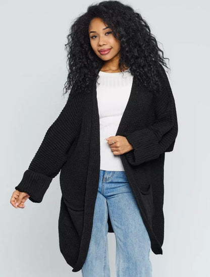 Women's Cardigan – Oversized Fit – Knit – Ribbed Sleeves – Pockets – Open Front