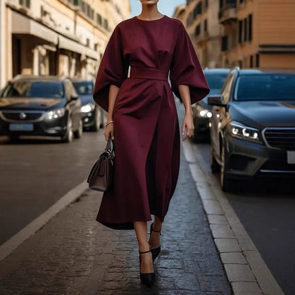 Dress for Women – Long Model – Batwing Sleeves – Draped Fit with Defined Waist