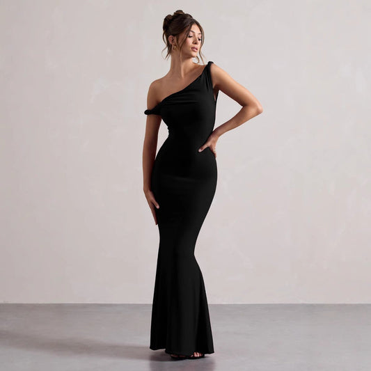 Dress for Women – Maxi Length – Fitted Fit – Asymmetric Neckline – Breathable Fabric
