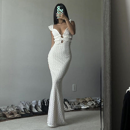 Women's Maxi Dress – Slim Fit – Deep V-Neckline – Open Back and Front Cutouts