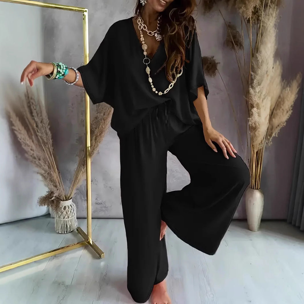Women's Set – V-Neck Top and Wide Pants – Relaxed Fit – Breathable Fabric
