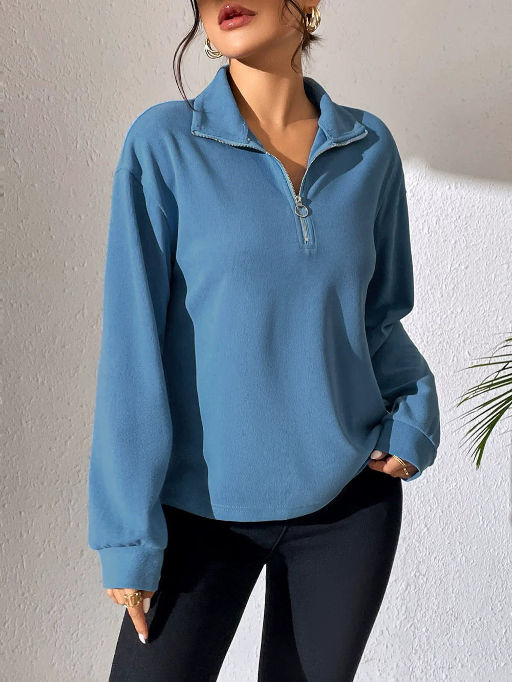 Women's Pullover Top – Relaxed Fit – Half Zipper – Soft Cotton Blend – Long Sleeves