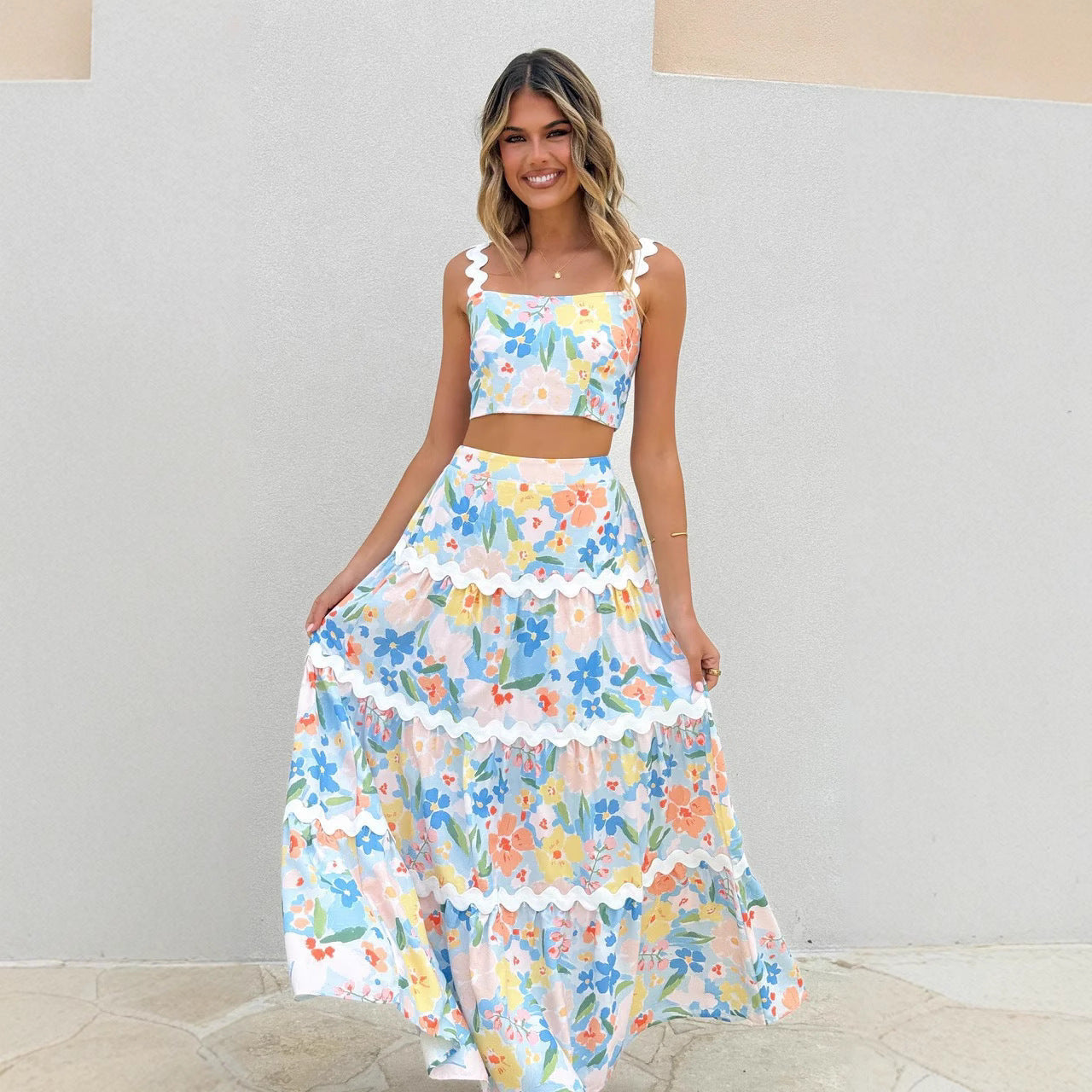 Women's Two-piece Set – Crop Top with Lace Straps – A-line Skirt with Ruffles