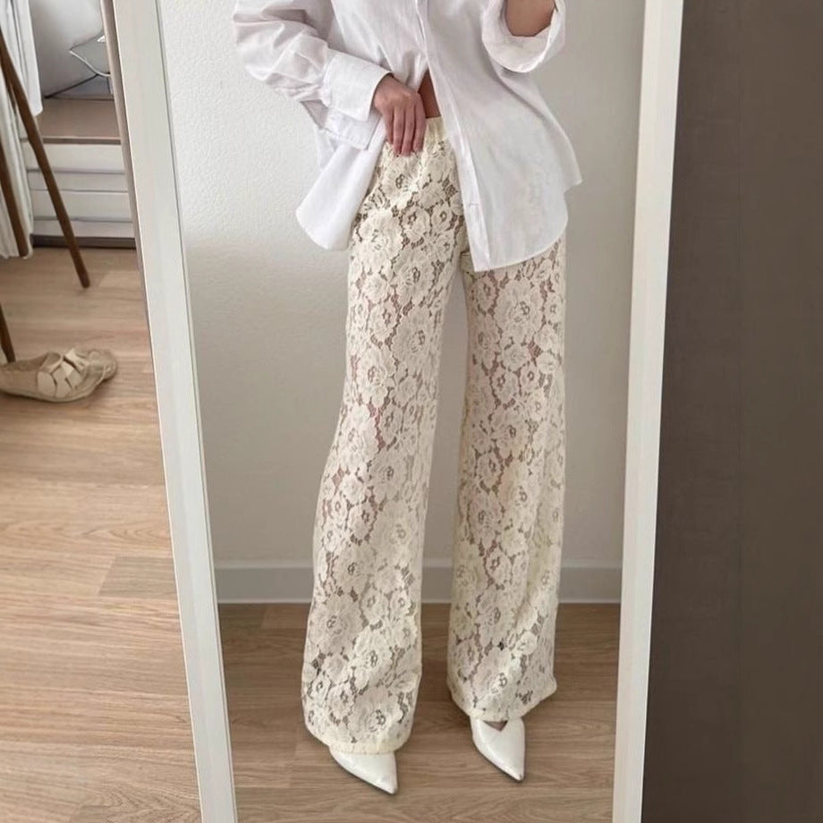Women's Trousers with Width – Elegant Fit – Transparent Lace Design – Full Length