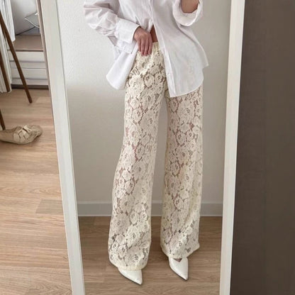 Women's Trousers with Width – Elegant Fit – Transparent Lace Design – Full Length