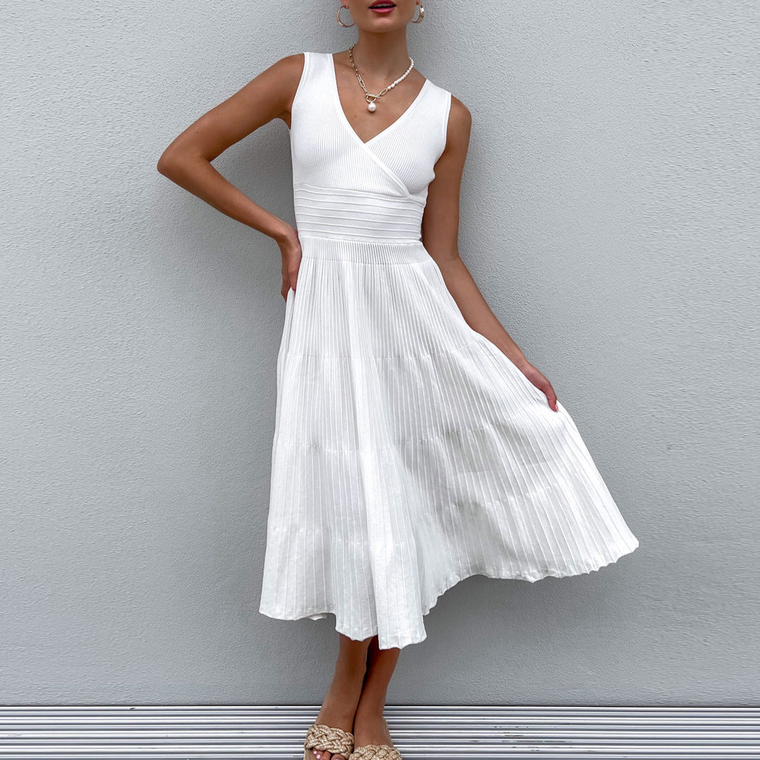 Dress for Women – Midi Length – Sleeveless A-line – V-neck – Soft Knit