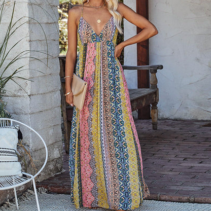 Women's Maxi Dress – Lightweight Woven Fabric – Relaxed Fit – V-Neck – Open Back – Print Design