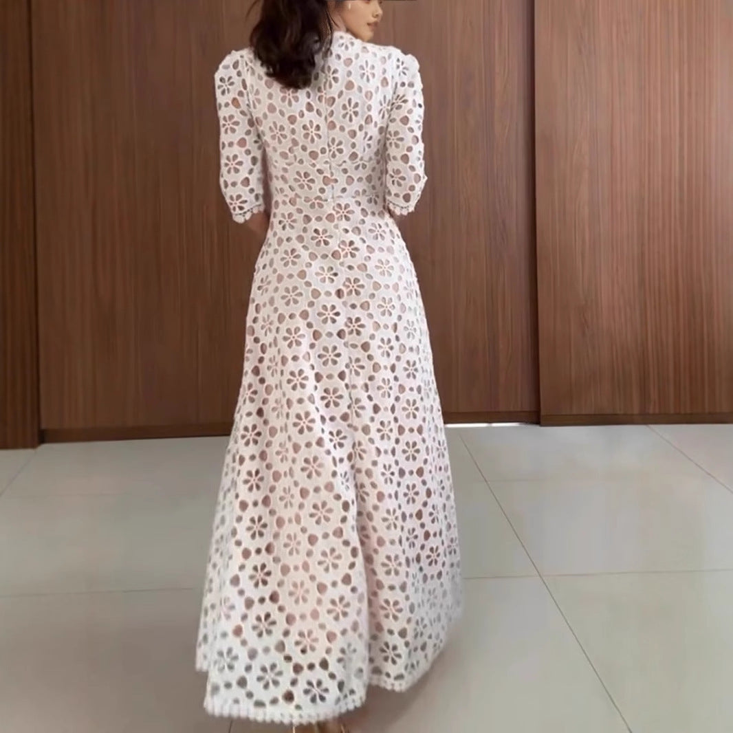 Women's Maxi Dress – Lace – A-Line Fit – V-Neck – Mid Sleeves – Floral Pattern