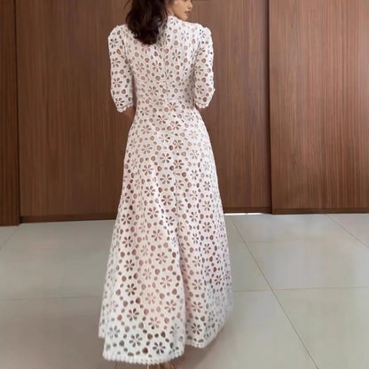 Women's Maxi Dress – Lace – A-Line Fit – V-Neck – Mid Sleeves – Floral Pattern