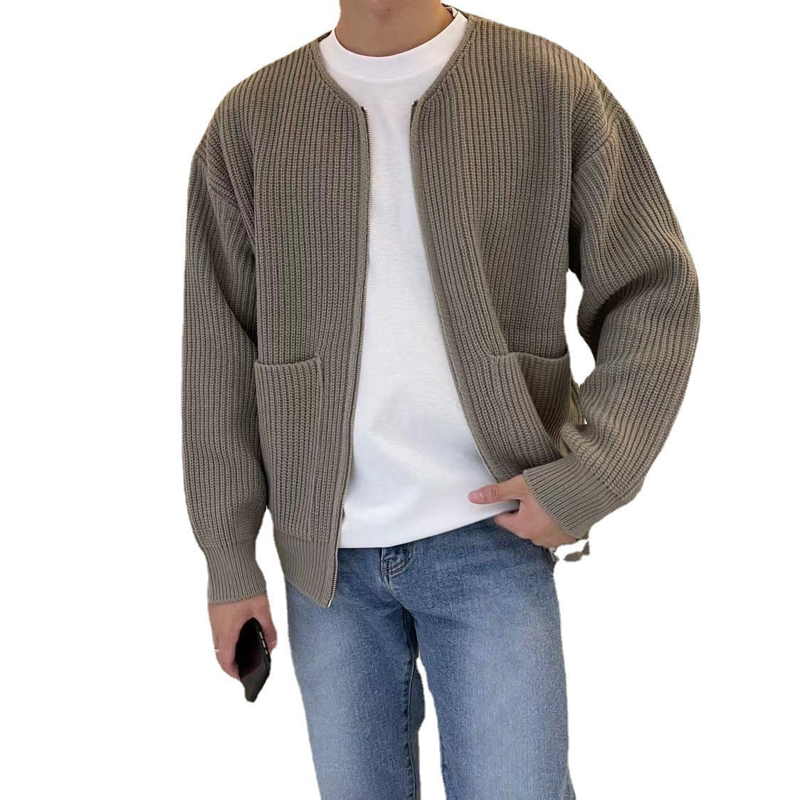 Men's Cardigan – Relaxed Fit – Ribbed Knit – Open Front – Wool-Like Comfort