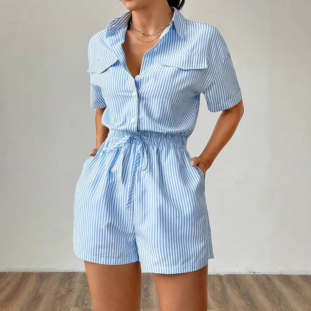 Women's Romper – Relaxed Fit – Button Closure – Short Sleeve – Striped Design