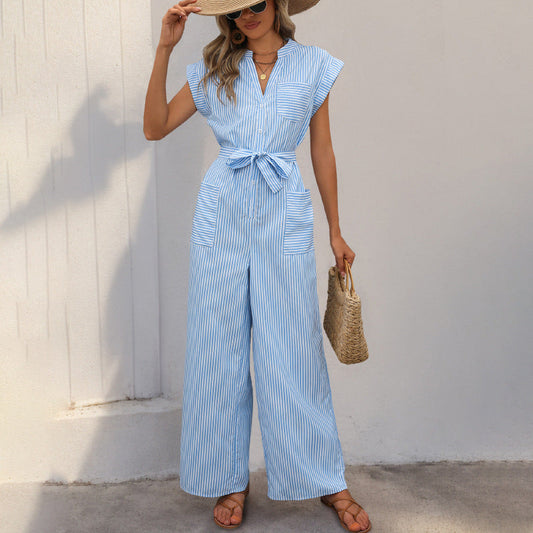 Women's Jumpsuit – Light Cotton – V-Neck – Wide Legs – Tie Belt – Striped – Short Sleeve