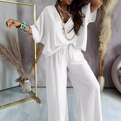 Women's Set – V-Neck Top and Wide Pants – Relaxed Fit – Breathable Fabric