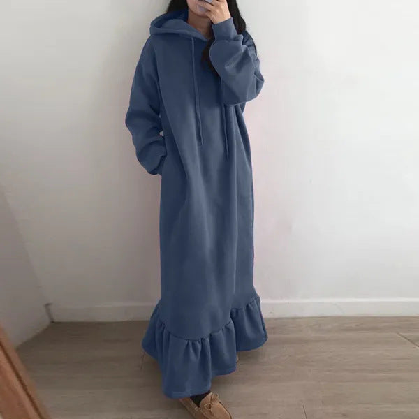 Women's Hoodie Dress - Long-Sleeved Oversized - With Ruffle Hem and Drawstring Hood