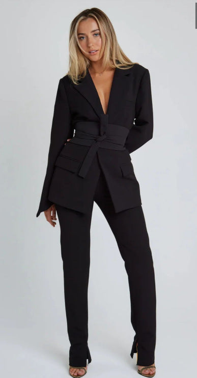 Women's Blazer – Long Tailored Fit – Tie Belt – Notch Lapels – Flap Pockets
