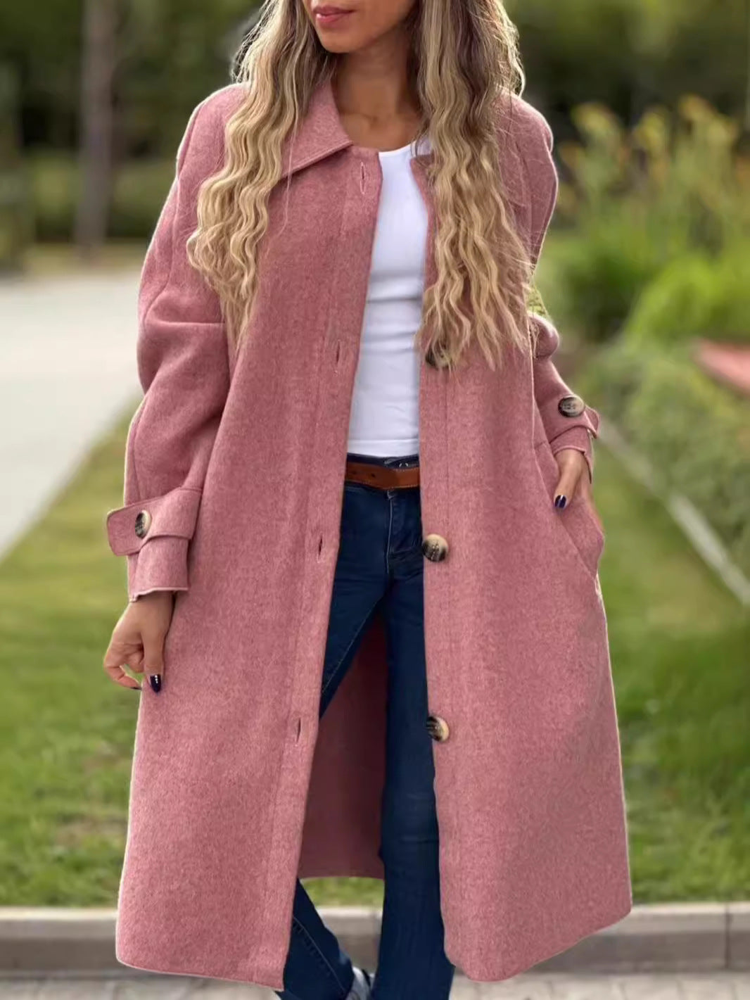 Women's Long Coat – Relaxed Fit – Button Closure – Classic Windbreaker Style