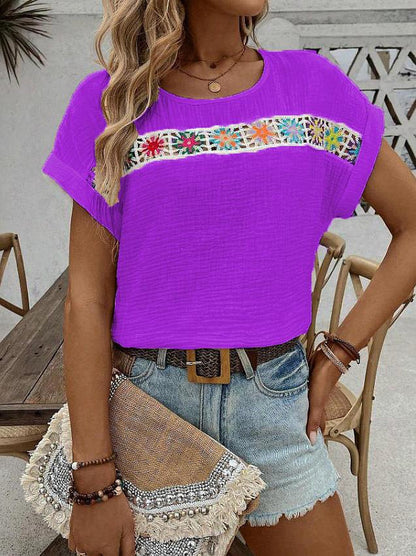 Women's Blouse – Relaxed Fit – Boho Embroidery – Light Crinkled Cotton Texture