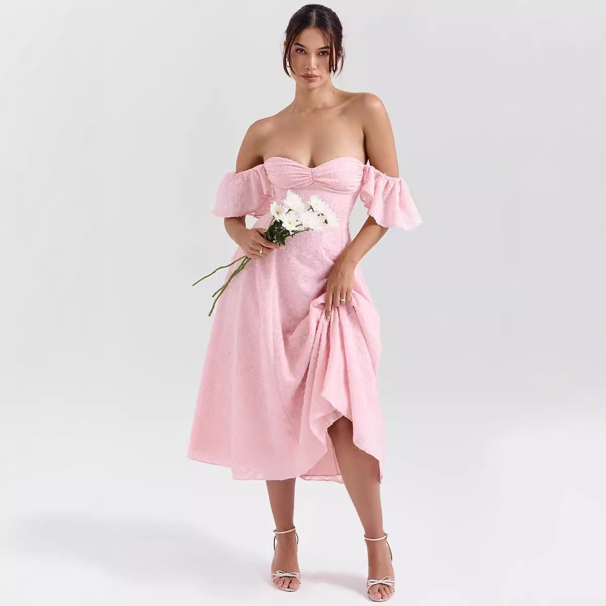 Women's Midi Dress – Jacquard Woven – A-line – Square Neck – Ruffle Sleeves