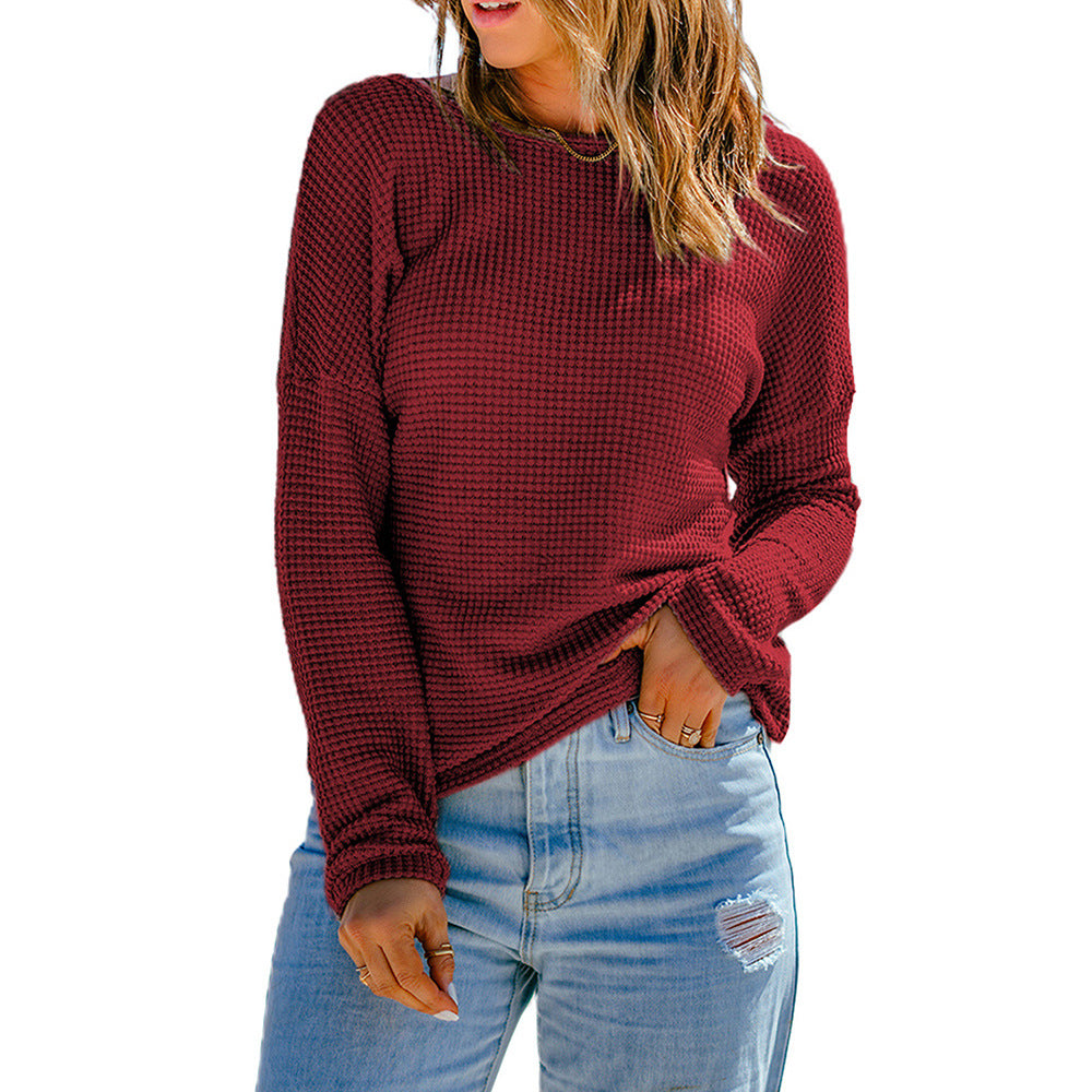 Women's Long-Sleeve Top – Waffle Texture – Relaxed Fit – Drop Shoulder – Casual