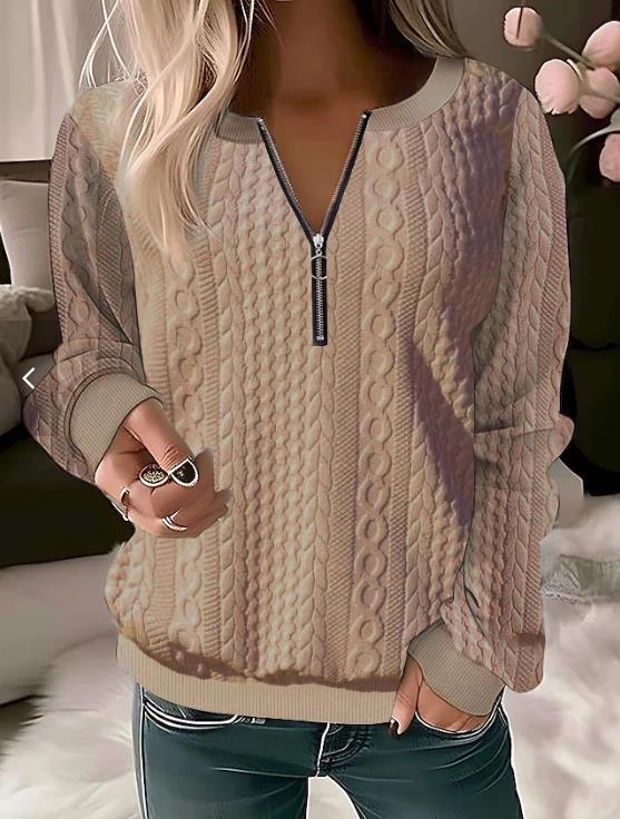 Women's Knit Sweater – Relaxed Fit – Cable Knit – Zip Collar – Soft and Warm