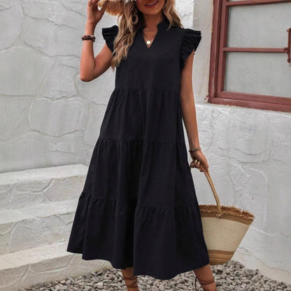 Women's Midi Dress – V-Neck – Short Sleeves with Ruffles – Relaxed Fit – Fitted Waist