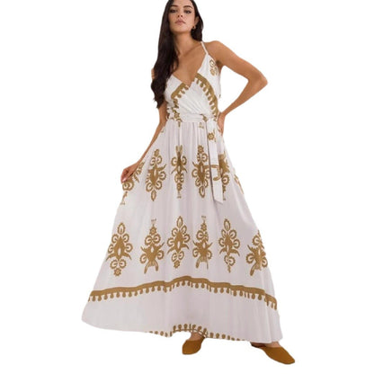 Women's Maxi Dress – Cotton – Sleeveless – V-Neck – Empire Waist – Print – Tie Belt