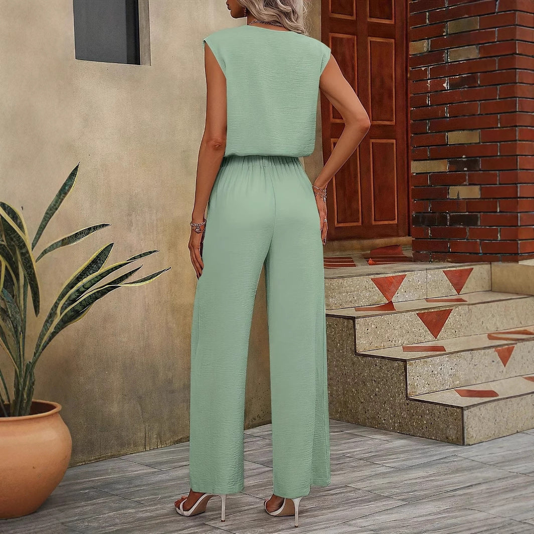 Women's Set – Sleeveless V-Neck Top – Adjustable Waist – Wide-Leg Pants – Breathable Quality