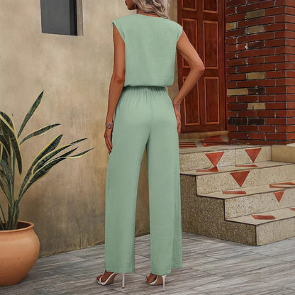 Women's Set – Sleeveless V-Neck Top – Adjustable Waist – Wide-Leg Pants – Breathable Quality