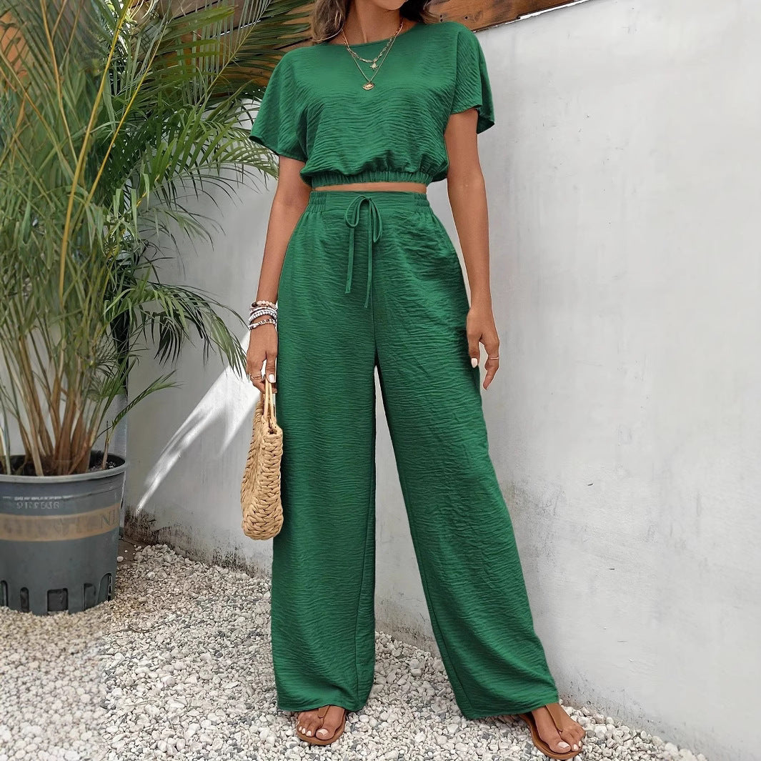 Women's Set – Casual Crop Top with Batwing Sleeves – Wide Trousers with Drawstring