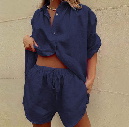 Dame Sæt – Afslappet Skjorte og Højtaljede Shorts – Let og Åndbar Linnedlook