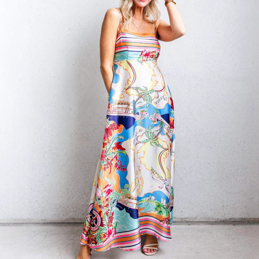 Women's Maxi Dress – Silky Soft Lightweight Fabric – High Waist – Spaghetti Straps – Tropical Print