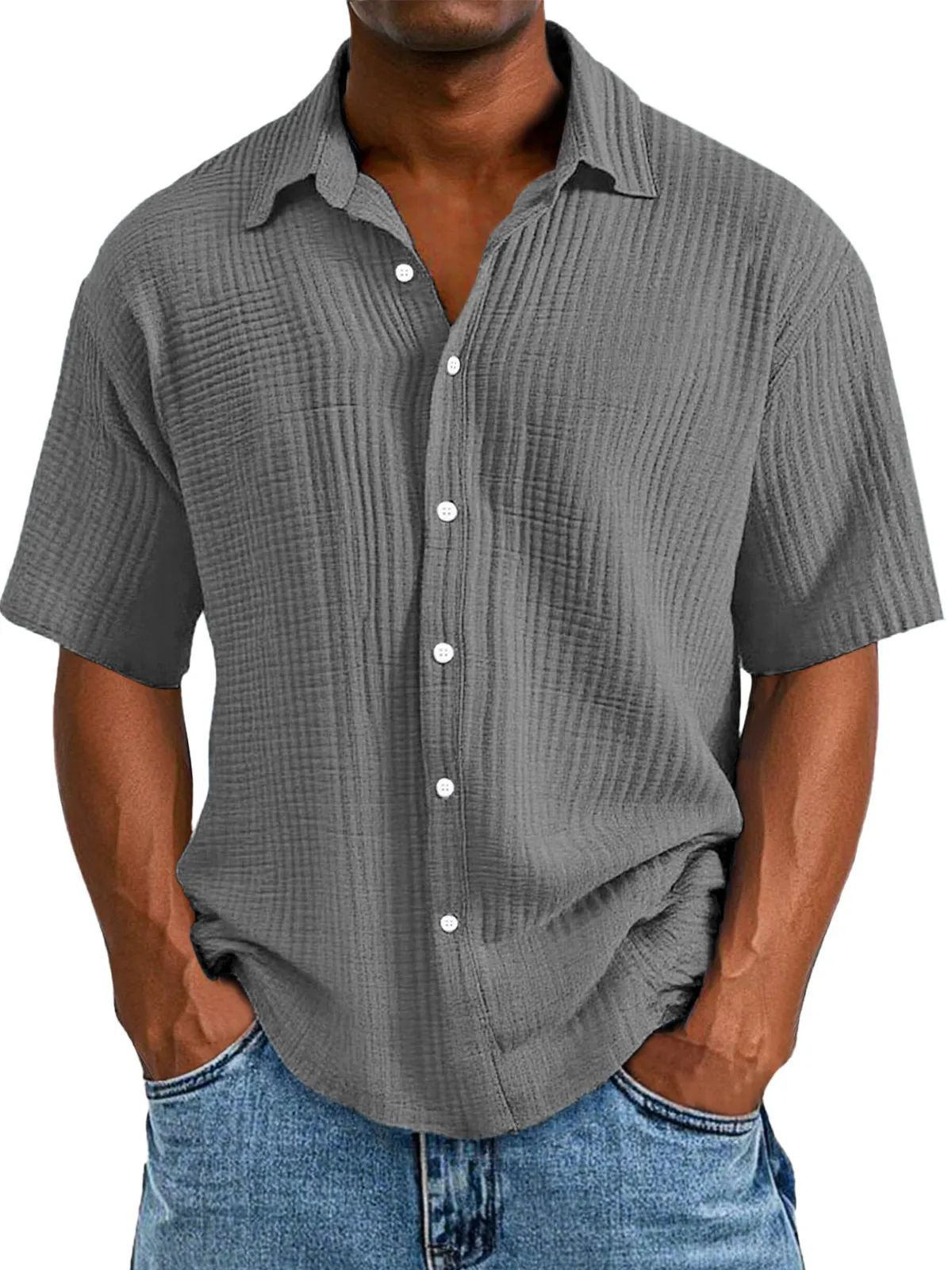 Men's Shirt with Short Sleeves – Relaxed Fit – Crinkled Texture – Breathable Fabric