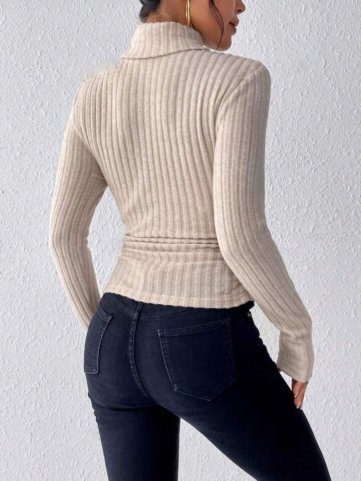 Women's Turtleneck Sweatshirt – Slim Fit – Ribbed Knit – Long Sleeves-Soft Wool Feel
