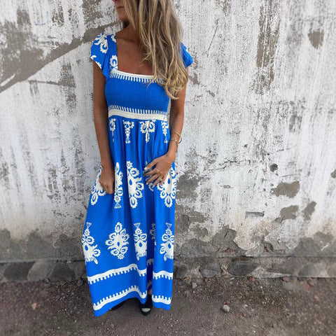 Dress for Women – Maxi Dress – Smocked Bodice – Ruched Sleeves – Natural Fibers – Loose Fit