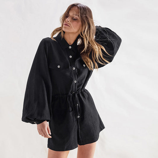 Women's Romper – Cotton Linen Mix – Loose Fit – Long Sleeves – Drawstring Waist