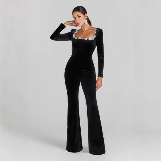 Women's Jumpsuit – Slim Fit – Corduroy – Embellished Neckline – Long Sleeves