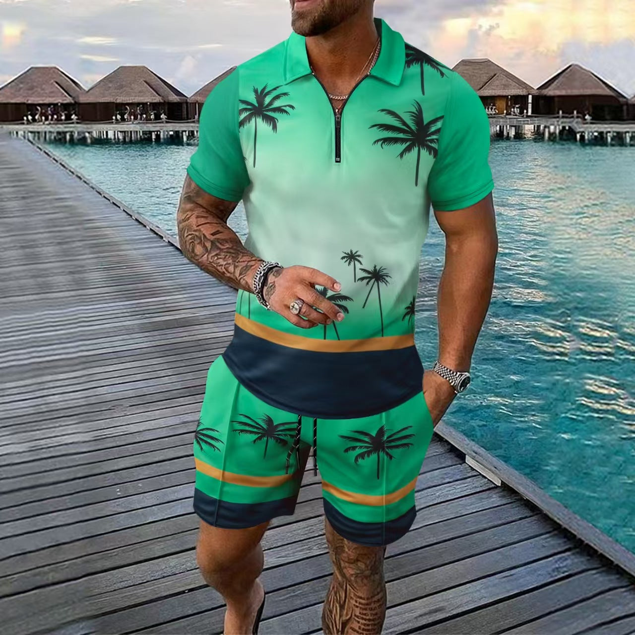 Men's Sports Set – Slim Fit – Breathable Lightweight Material – Zip Neck – Tropical Pattern