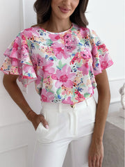 Women's Blouse – Relaxed Fit – Ruched Sleeves – Lightweight Breathable Fabric – Floral Print