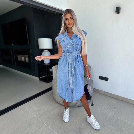 Women's Denim Dress – Sleeveless – Button Closure – Belted Waist – Midi Length