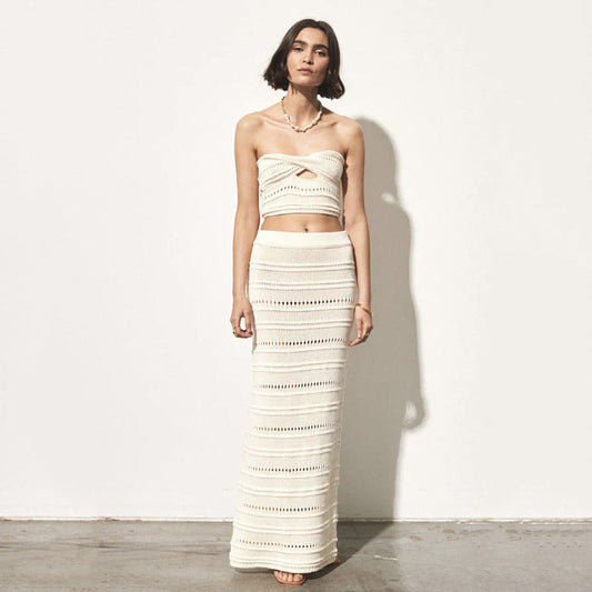 Women's Set – Crocheted Bandeau Top and High-Waisted Midi Skirt – Slim Fit