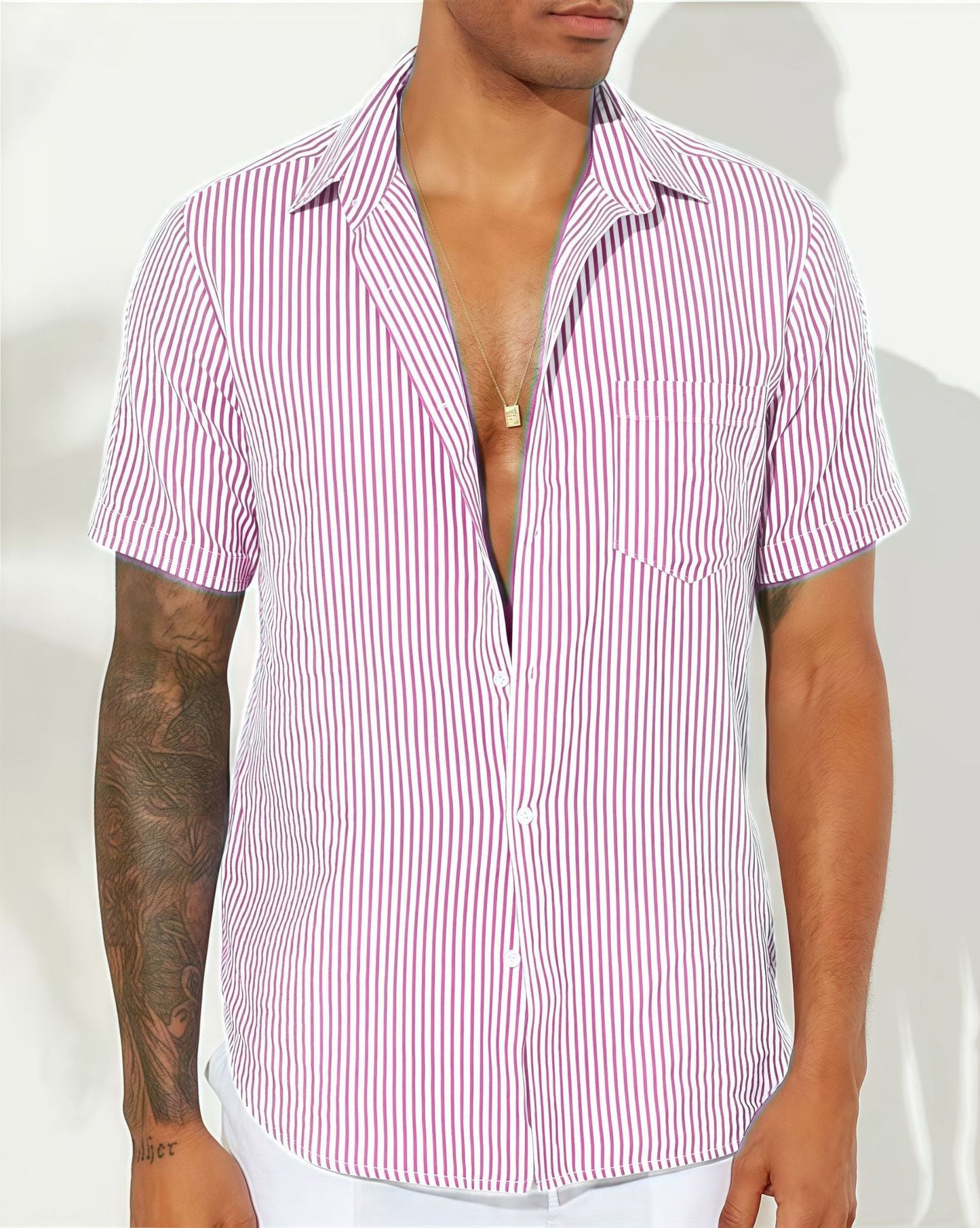 Men's Shirt – Relaxed Fit – Short Sleeves – Vertical Stripes – Chest Pocket