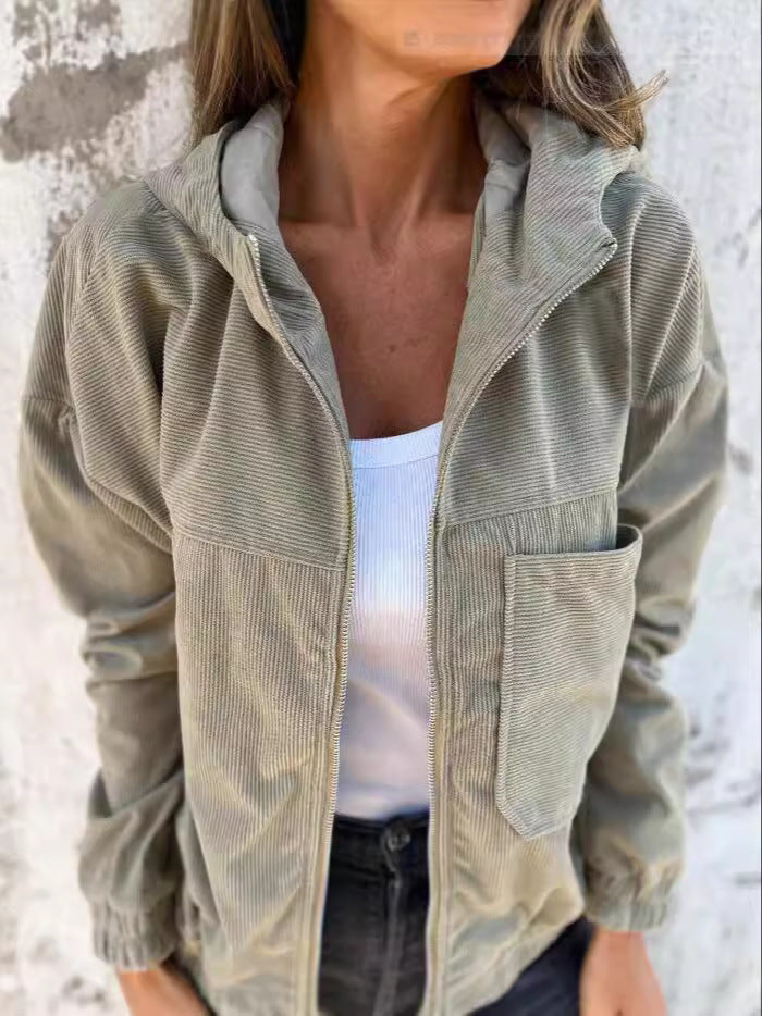 Kvindejakke med hætte – Fløjl – Afslappet pasform – Lynlås – Hverdagsbrug