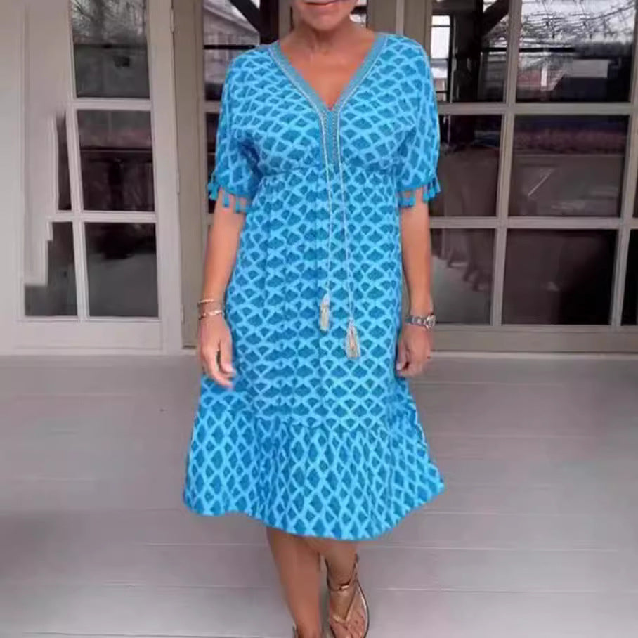 Women's Midi Dress – Loose Fit – V-Neck with Tassels – Short Fringe Sleeves – Geometric Pattern