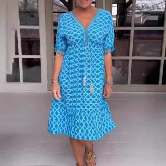 Women's Midi Dress – Loose Fit – V-Neck with Tassels – Short Fringe Sleeves – Geometric Pattern