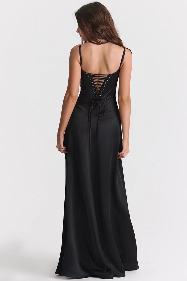 Dame Aftenkjole – Satinlook – Spaghettistropper – Åben Ryg – Gulvlang Elegance