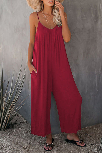 Women's Jumpsuit – Relaxed Fit – Spaghetti Straps – Breathable Lightweight Fabric – With Pockets – Full Length