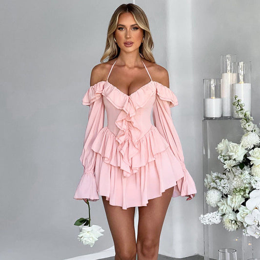 Women's Romper – Flowy Fit – Halterneck – Deep V-neck – Long Sleeves with Ruffles