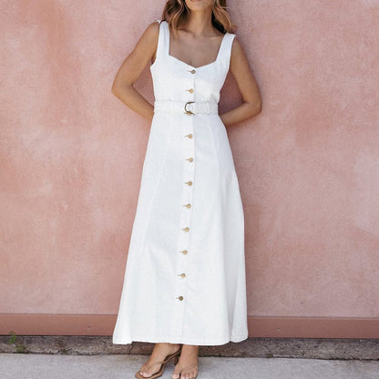 Women's Maxi Dress – Sleeveless – Slim Fit – Belt – Button Closure – Breathable Fabric