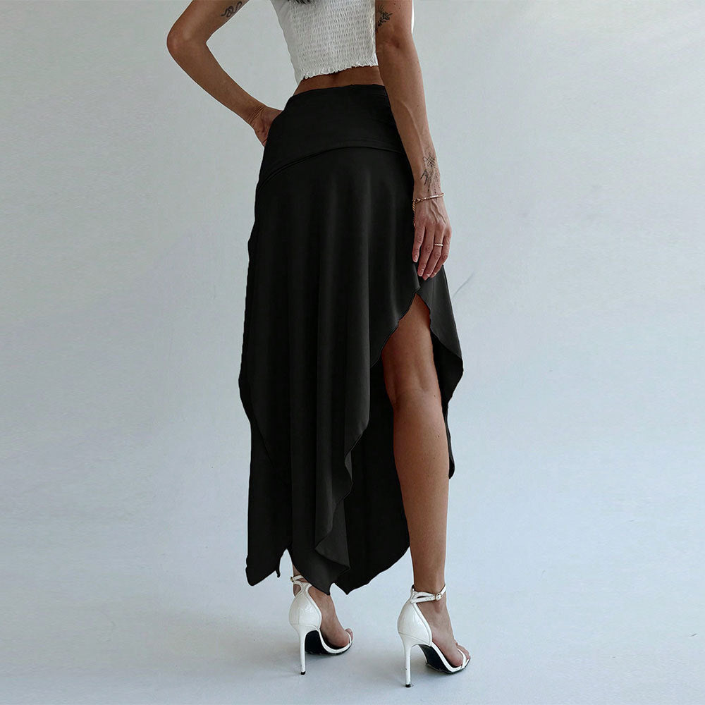 Women's Skirt Midi – Elegant Fit – Light Satin Look – Asymmetric Slit – Ruched Waist